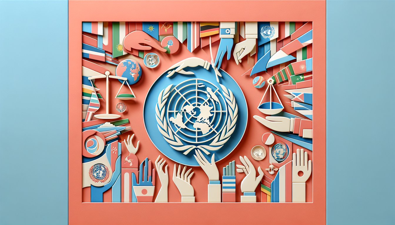 Paper art illustration for United Nations quiz on a coral background