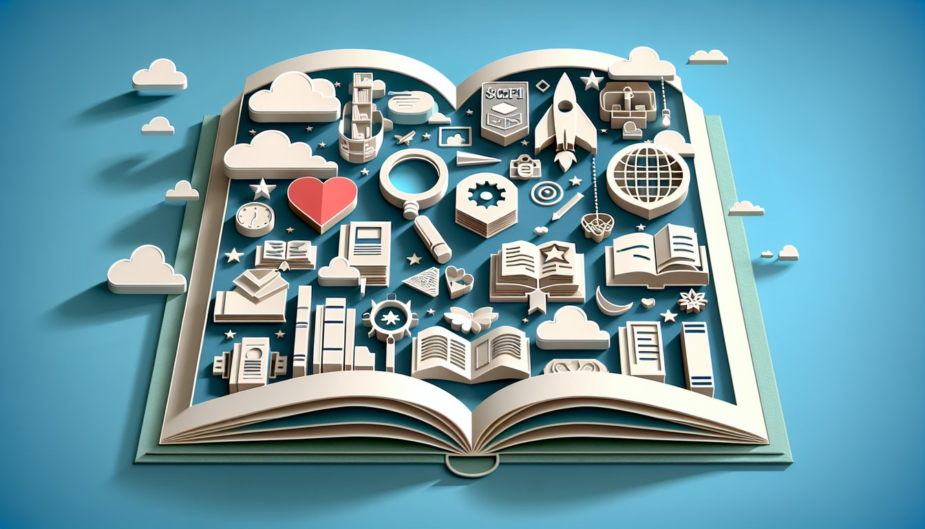 Paper art showing books and genre icons on sky blue background promoting a free quiz to find your next read genre