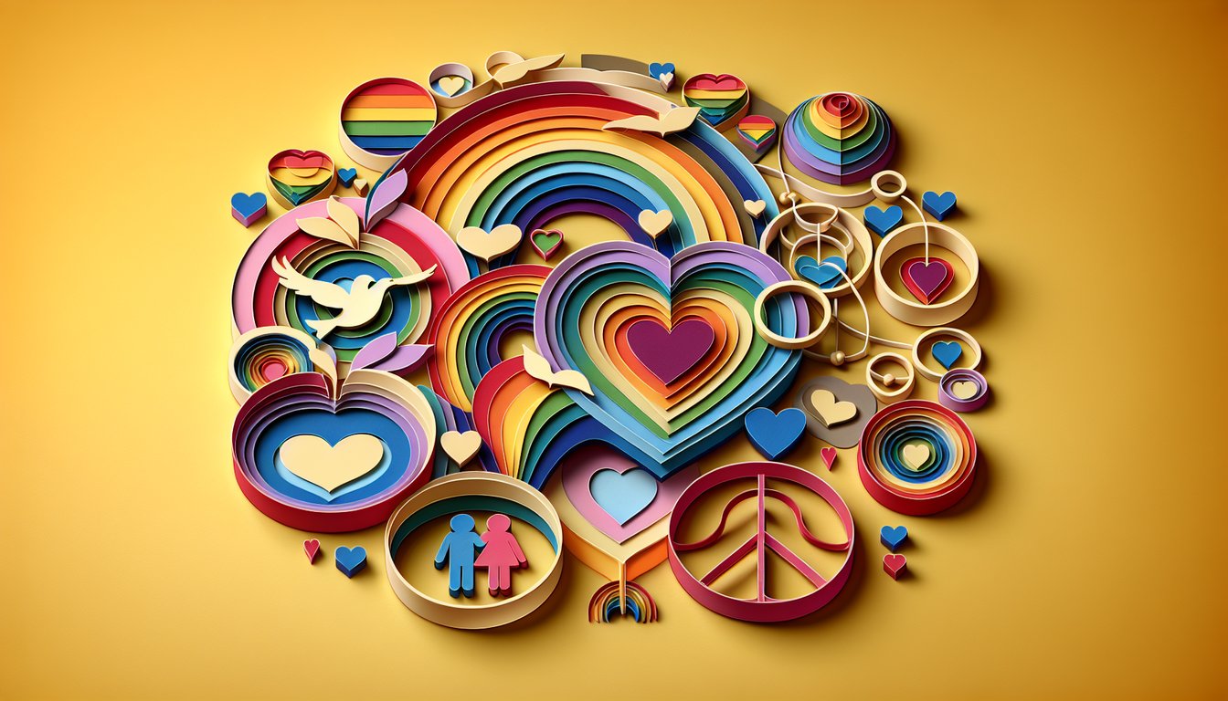 Colorful paper art illustration for an LGBTQ identity quiz on a golden yellow background