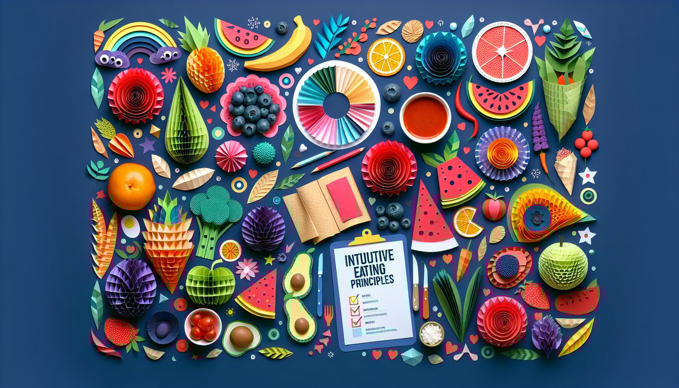 Colorful paper art depicting intuitive eating principles for a fun quiz
