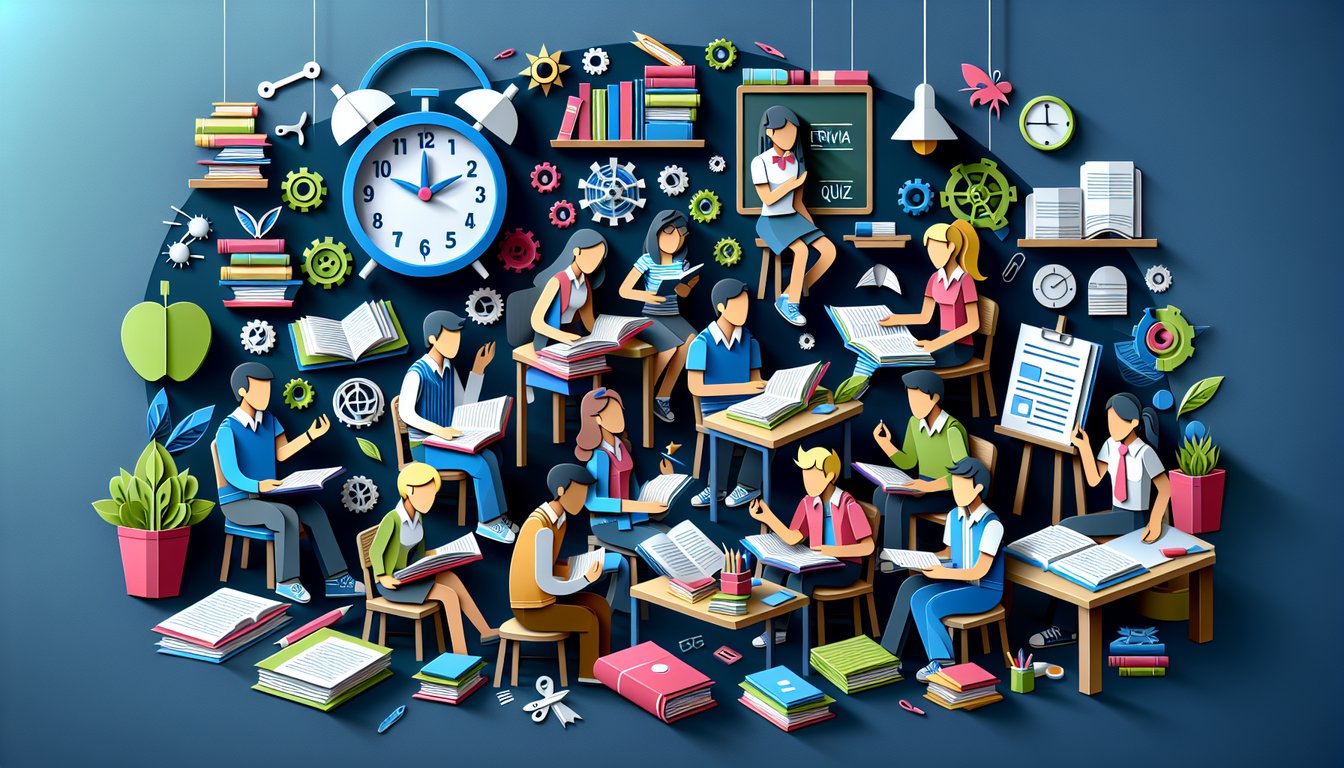 Colorful paper art promoting a trivia quiz for The Last Lesson Mastery for high school students.