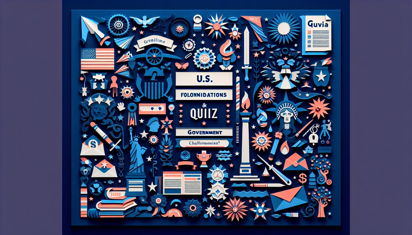 Colorful paper art promoting a quiz on US Colonial Foundations and Government