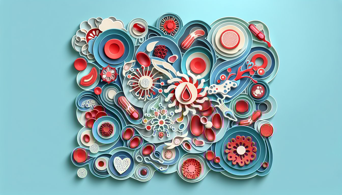 Paper cutout blood cells and test question icons floating on sky blue background