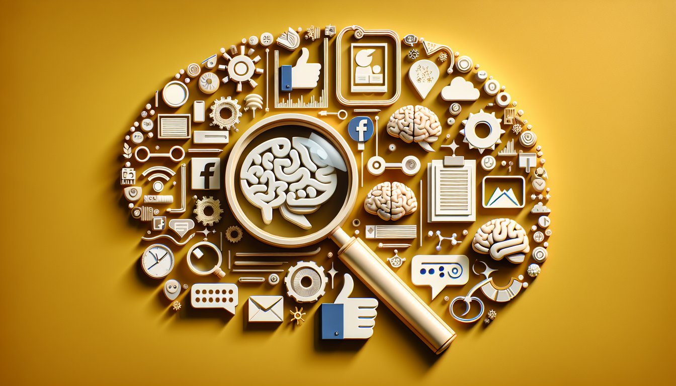Paper art quiz illustration with Facebook icons, question marks, answer cards on golden yellow background