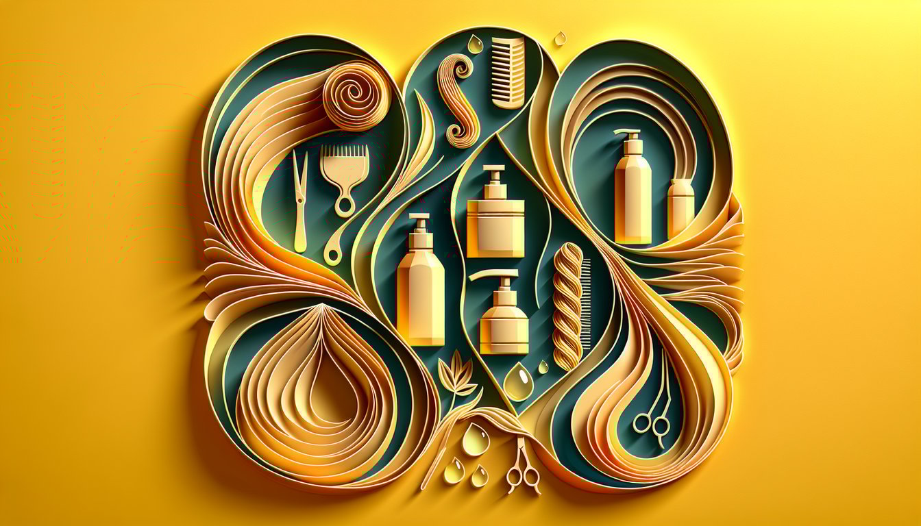 Paper art illustration of layered hair strands and water droplets on golden yellow background for hair porosity quiz