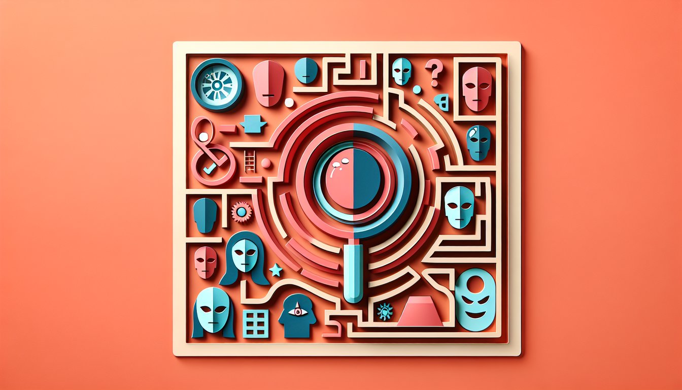 Paper art illustration for Mystic Messenger personality quiz with paper characters, chat icons, hearts on coral background