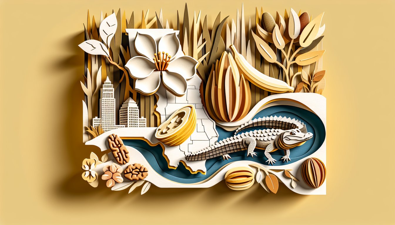 Paper art map of southern US with state shapes and capital icons on golden yellow background quiz graphic