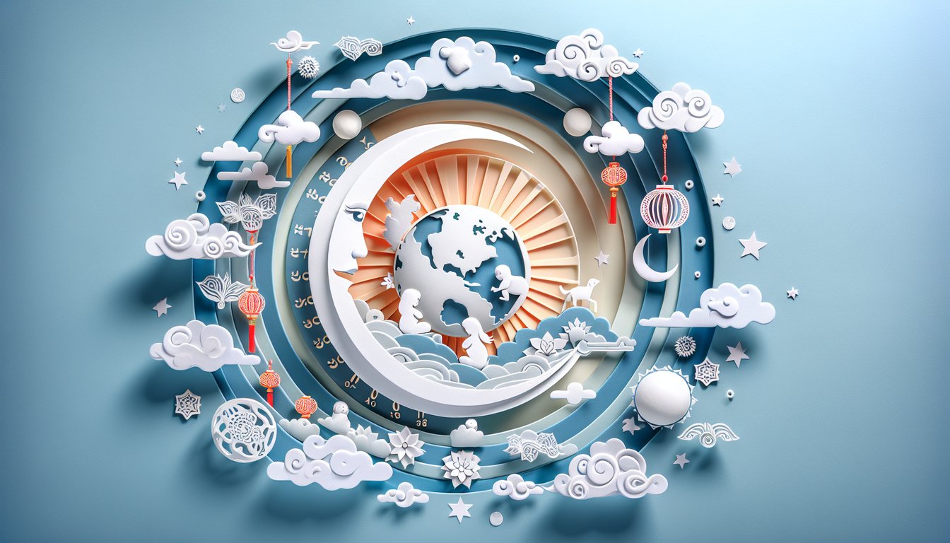 Paper art illustration of moon calendar overlay baby icons on sky blue background representing Chinese baby gender quiz
