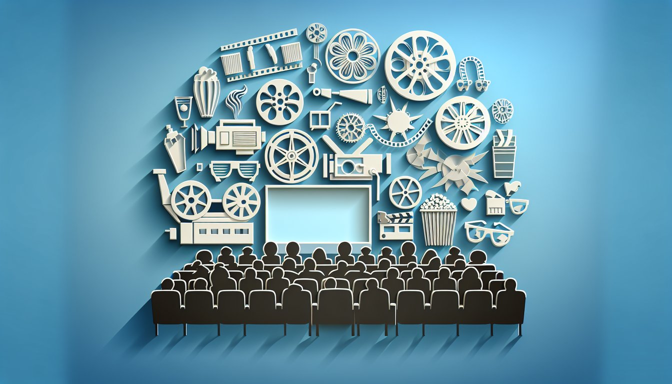 Paper art illustration of film reel popcorn bucket and play icon for free movie quiz on sky blue background