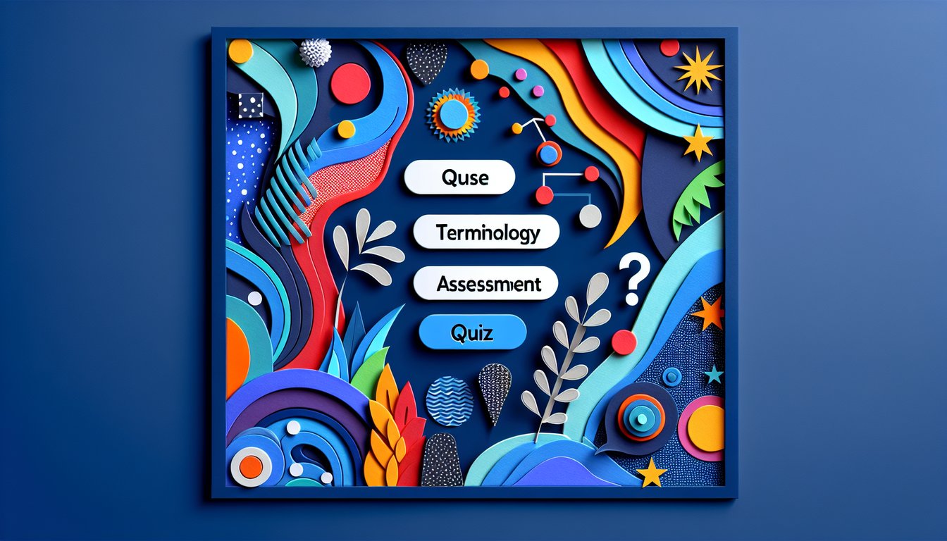 Colorful paper art display promoting a Terminology Assessment Quiz.