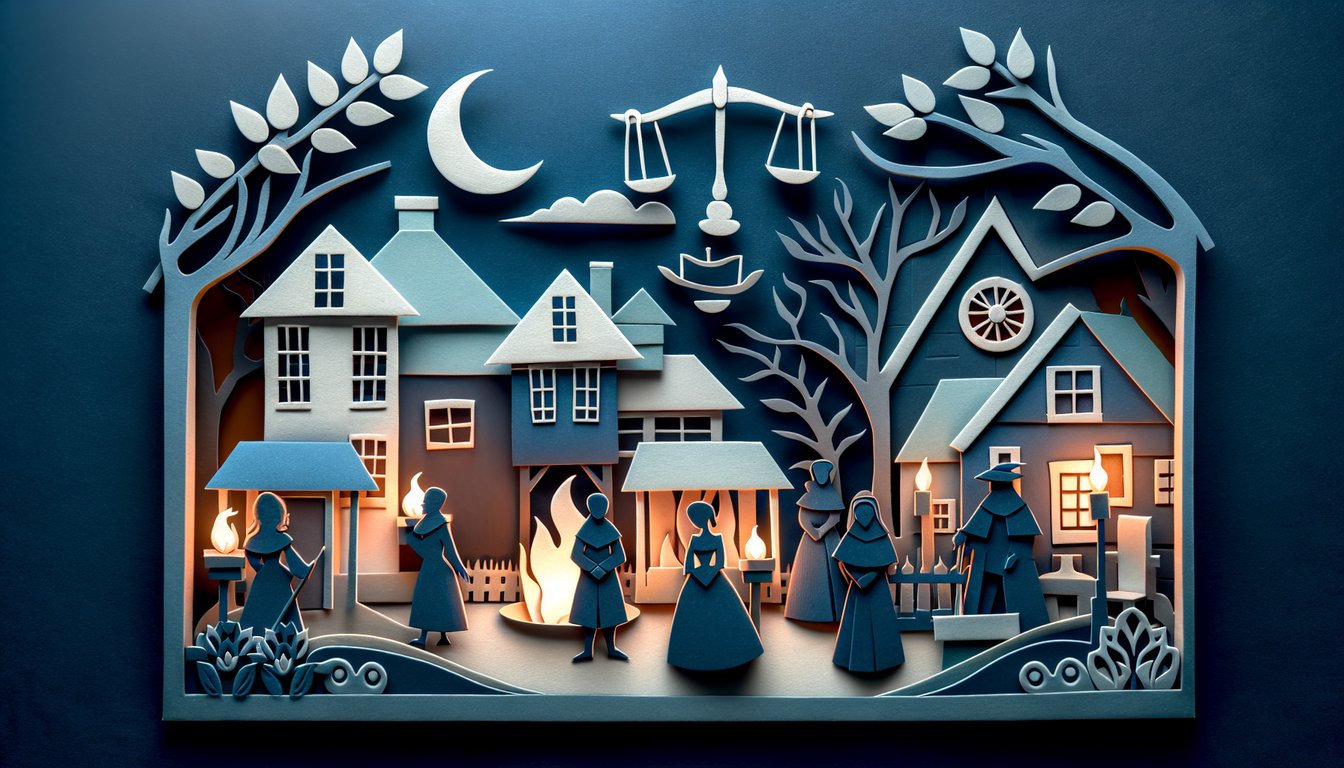Paper art illustration open book, magnifying glass, quill on dark blue background for Act II and Act III quiz The Crucible