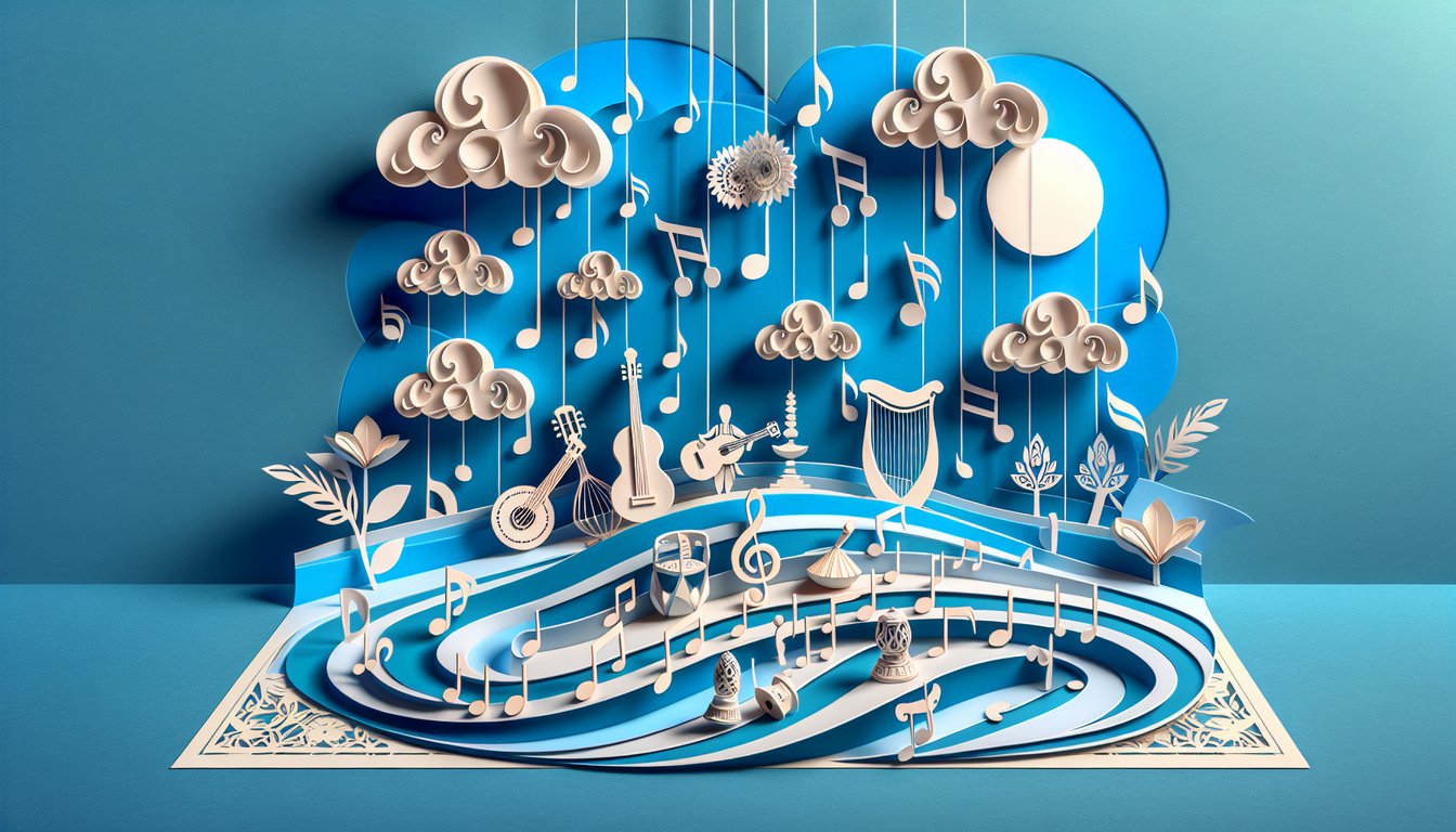 Paper art scene with Bollywood style film reel, microphone, music notes on sky blue backdrop for song quiz