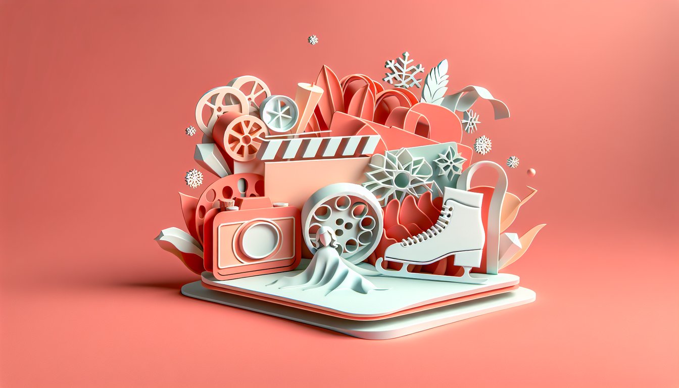 Paper art illustration of ice skates and film reel on coral background promoting Blades of Glory trivia quiz