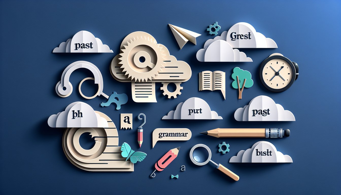Paper art illustration for free past tense quiz with verbs in parentheses on dark blue background