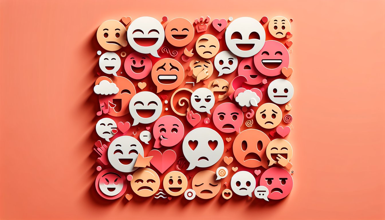 Paper art illustration for emoji personality quiz on a coral background