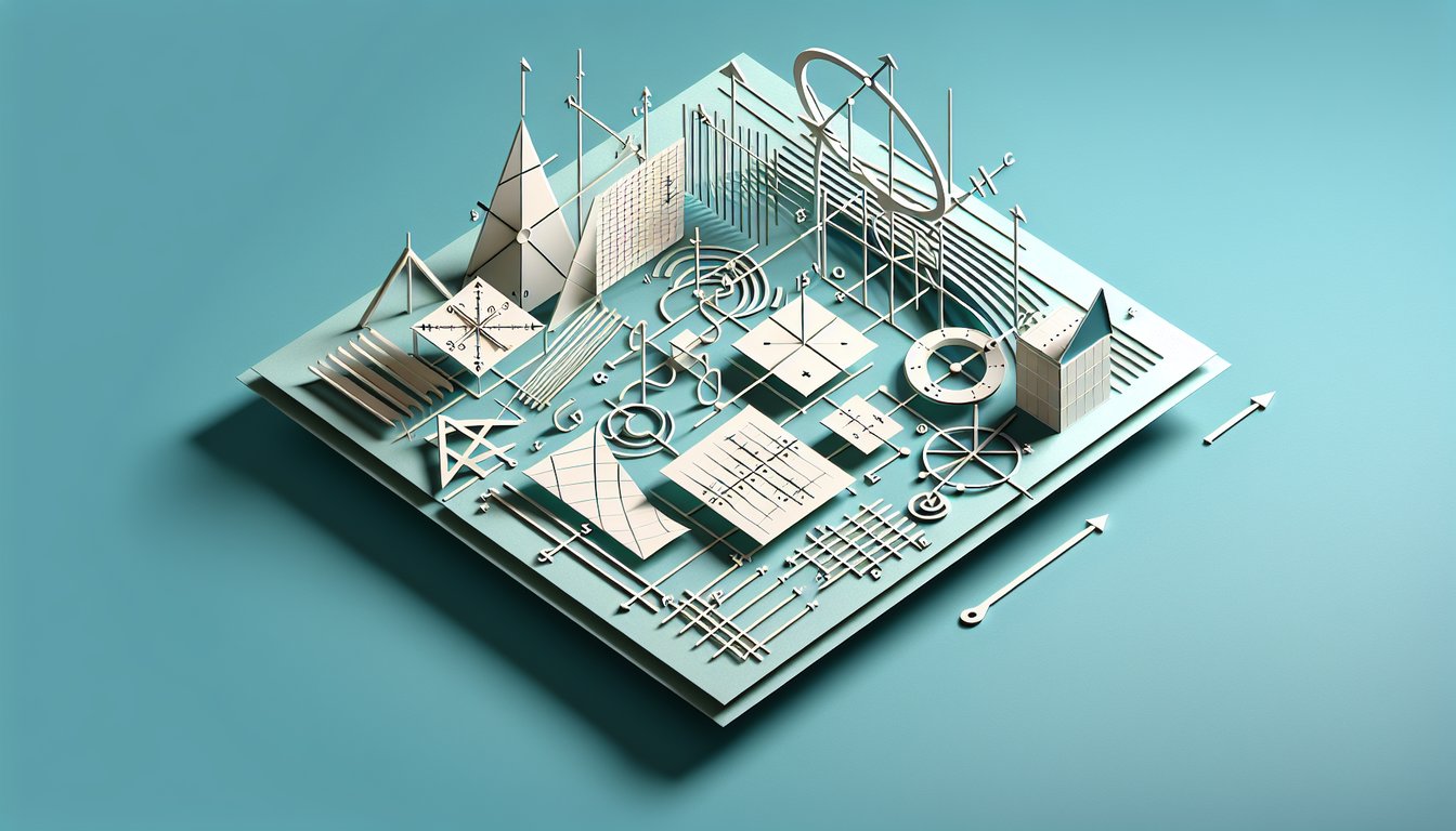 Paper art illustration of math papers with equations and shapes on teal background promoting systems of equations quiz