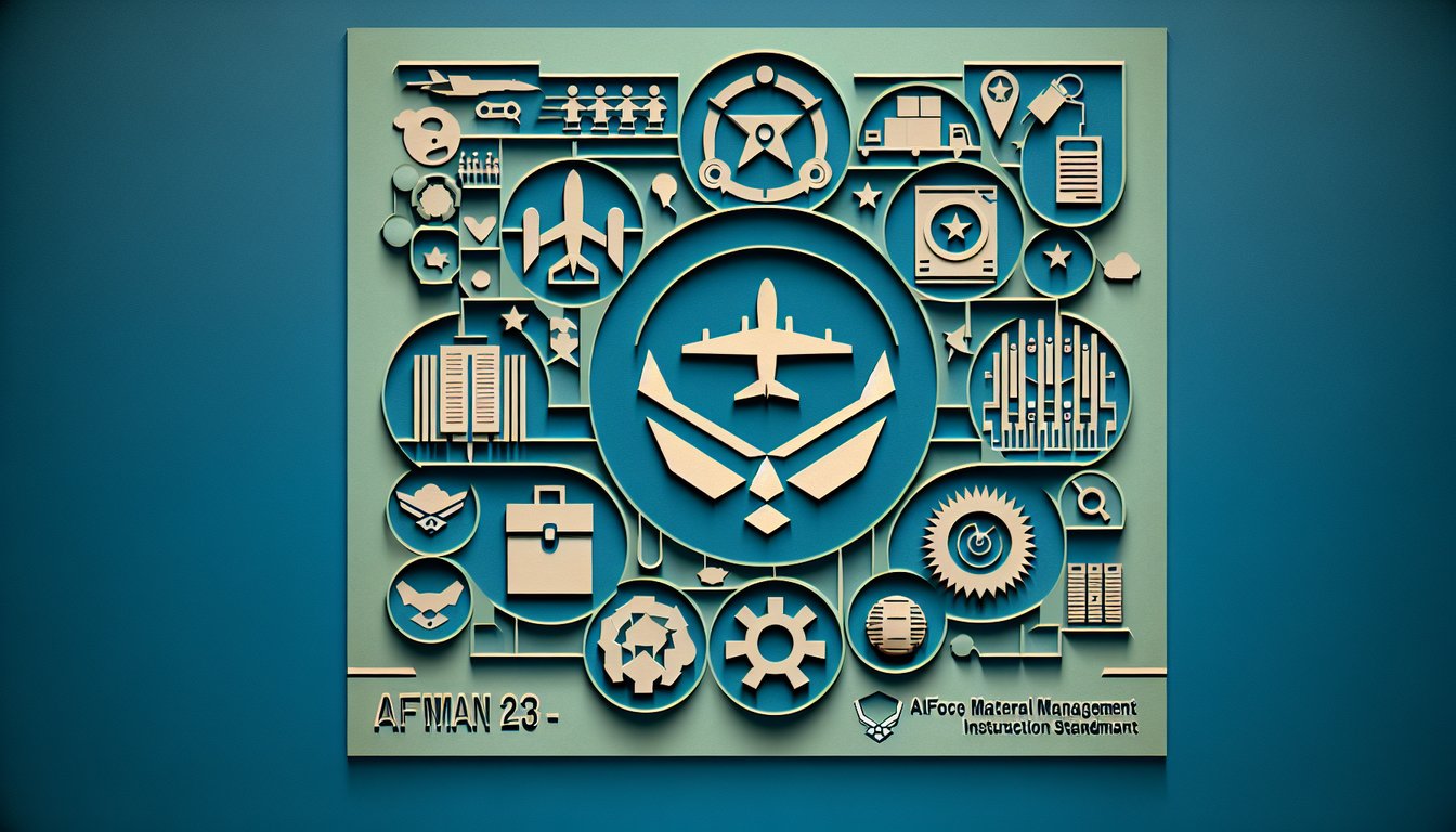 Paper art illustration for AFMAN 23-110 materiel management quiz featuring logistics duties and systems on teal background