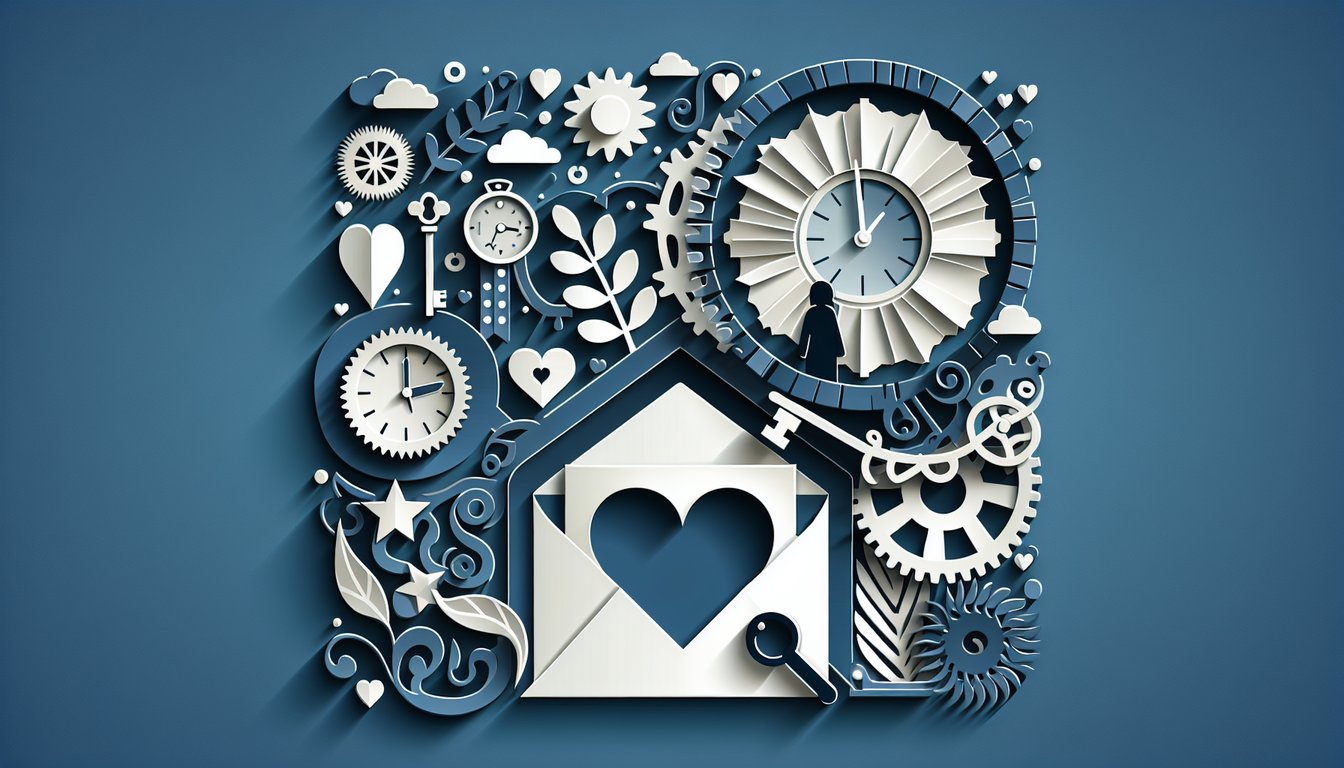 Paper art hearts and envelopes on dark blue background quiz hinting at confessing feelings and romantic timing insight