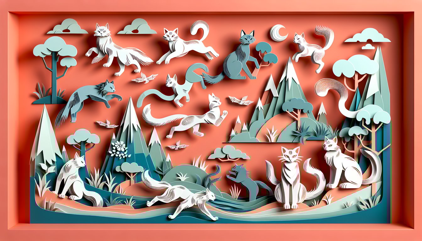 Paper art feline warrior cat figure with clan insignias on coral backdrop for quiz invitation