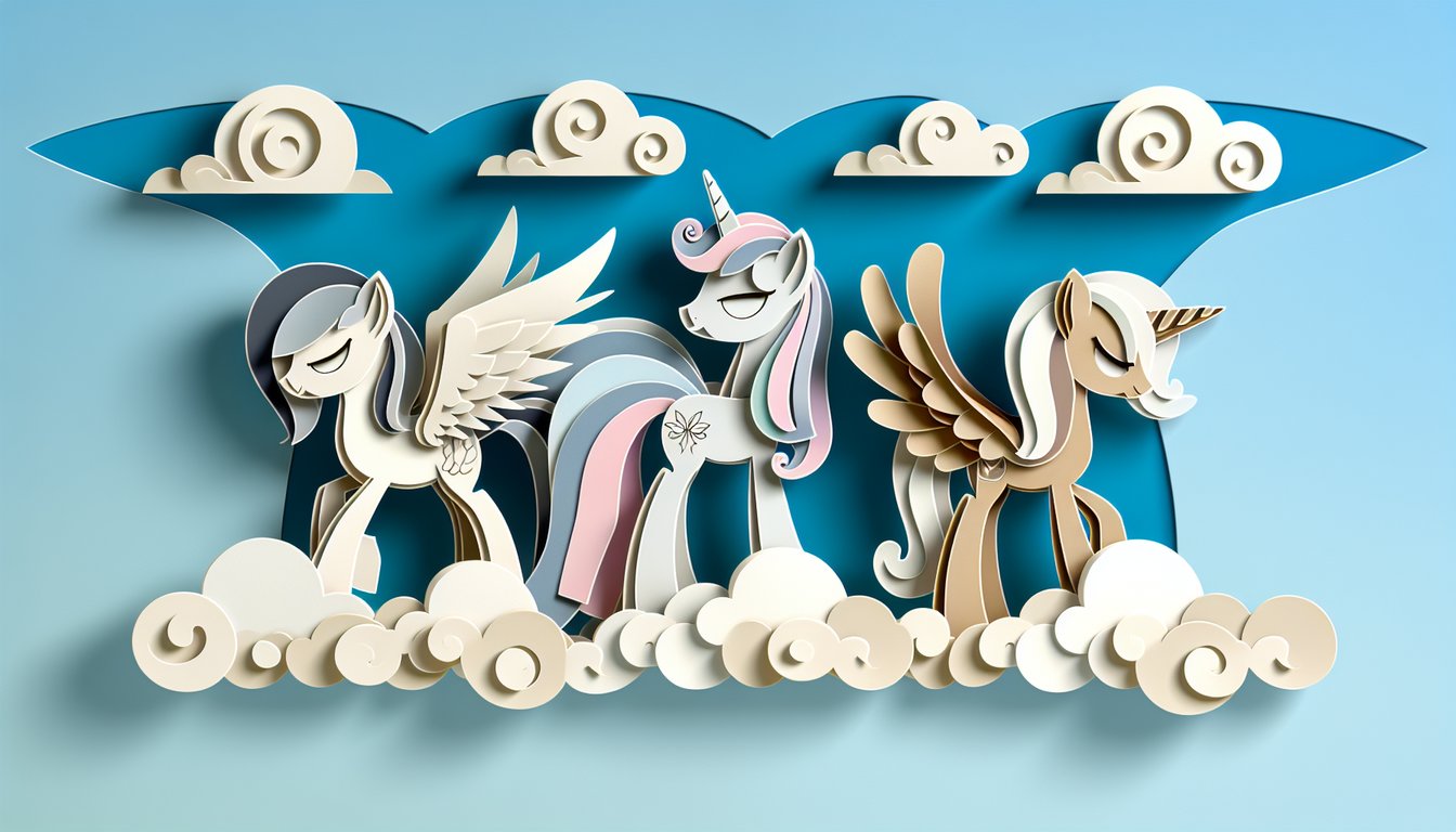 Paper art Pegasus Unicorn Earth Pony silhouettes on sky blue background with quiz text inviting discovery of pony type