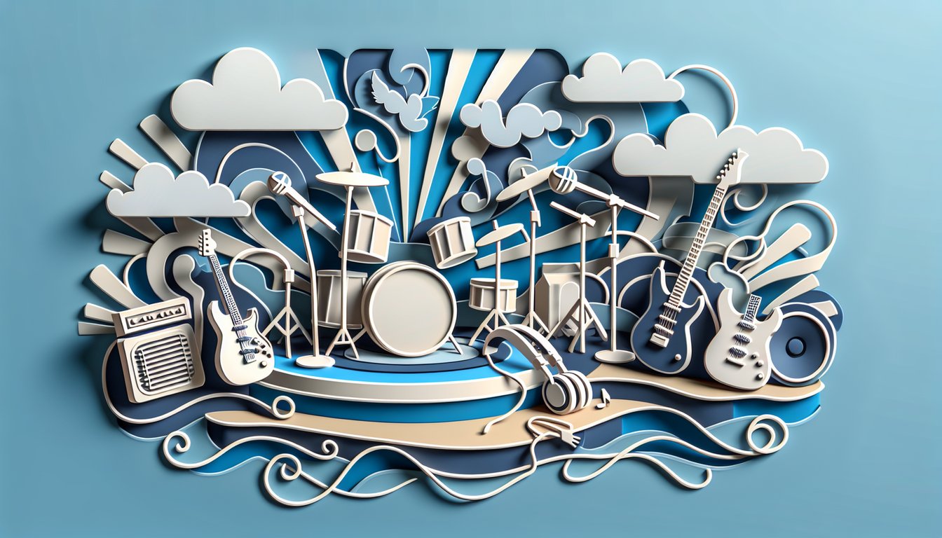 Paper art illustration showing a green paper eagle with guitars musical notes quiz text on sky blue background.