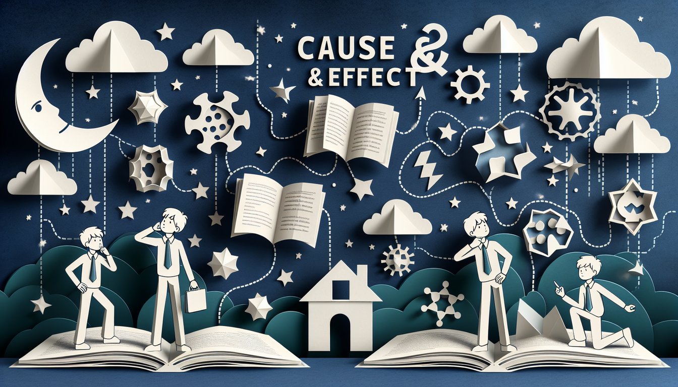Colorful paper art promoting a Cause  Effect Fun trivia for 4th-grade language arts students.