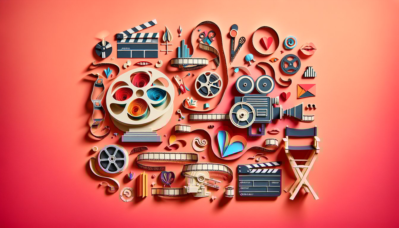 Paper art collage with film reel, clapperboard, popcorn and pencil for classic films Pictionary quiz on coral background