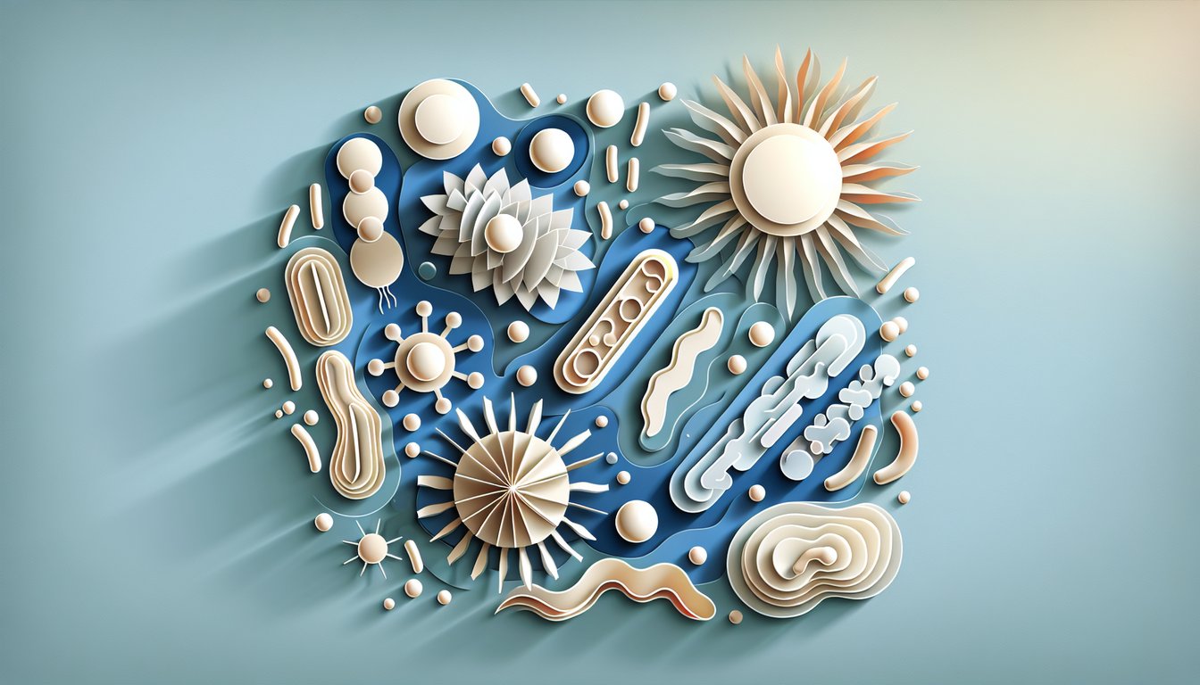 Paper art illustration for bacterial knowledge quiz on a sky blue background