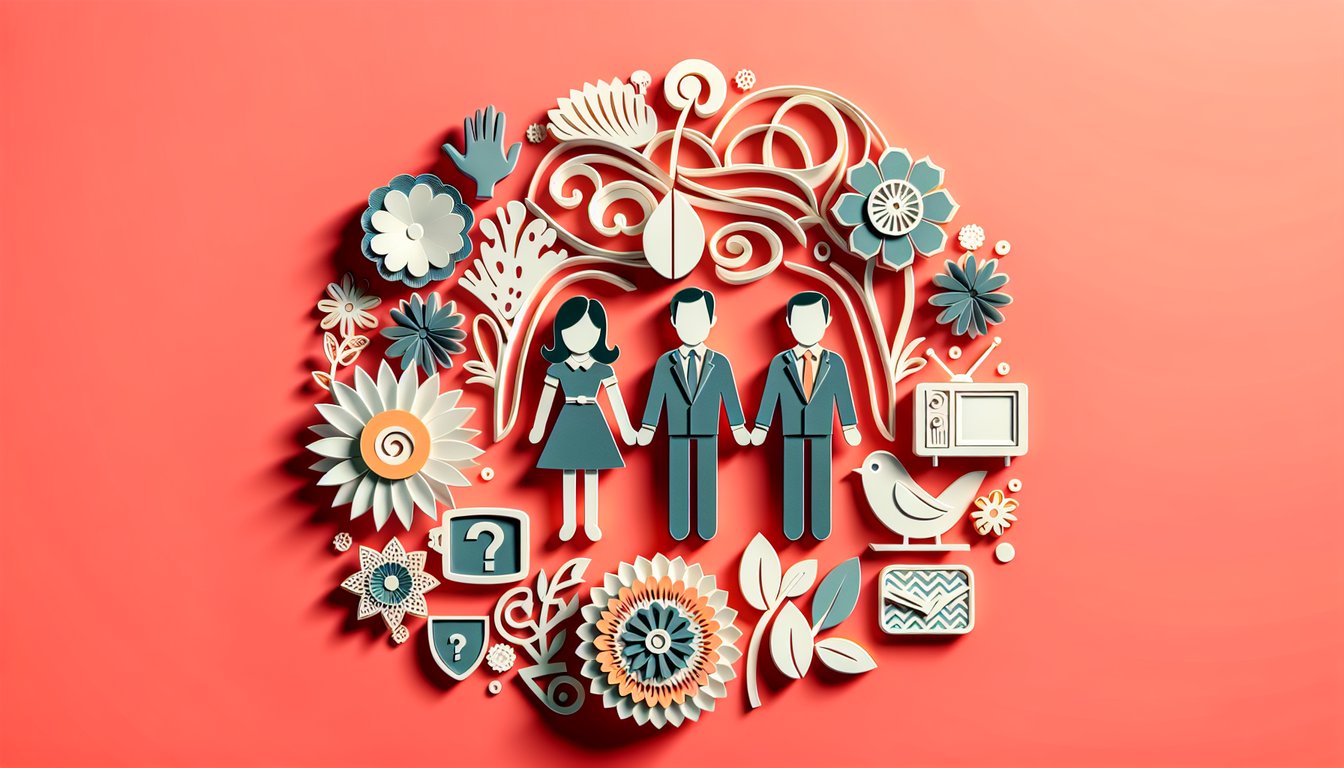 Paper art illustration for Family Ties trivia quiz with retro sitcom icons, catchphrase symbols on coral background