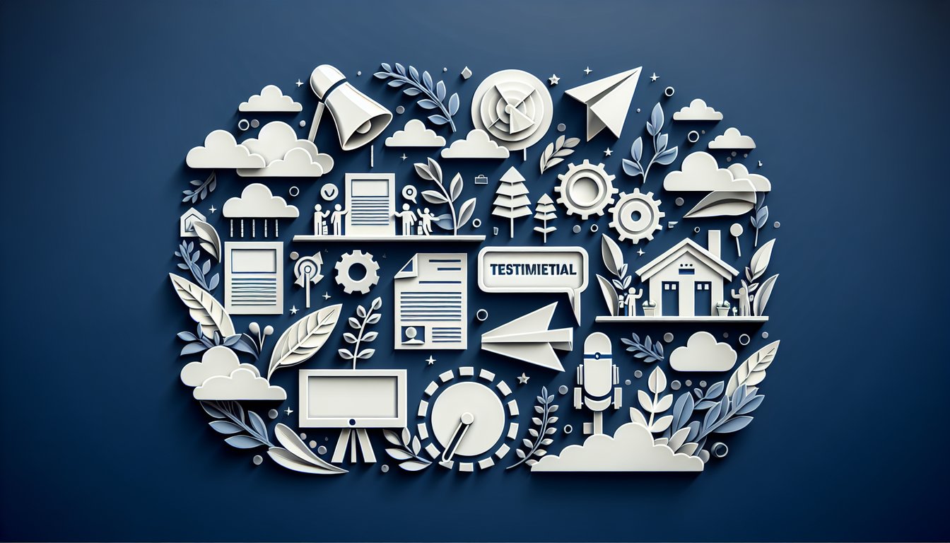 paper art illustration quiz on testimonial advertising techniques with avant garde ad examples on a dark blue background