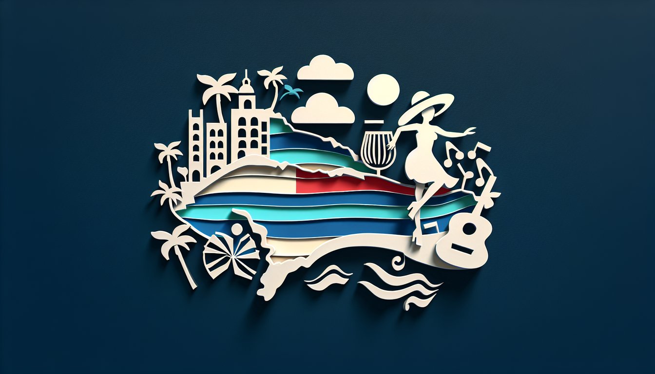 Paper art illustration for Dominican Republic trivia quiz on dark blue background