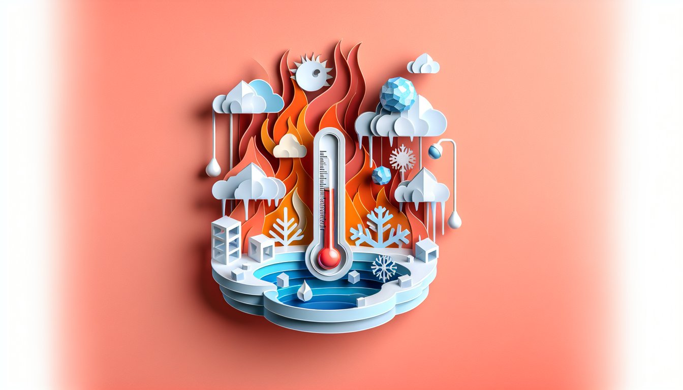 Paper art illustration of thermometer, mercury numbers and heat icons on coral background for temperature quiz.