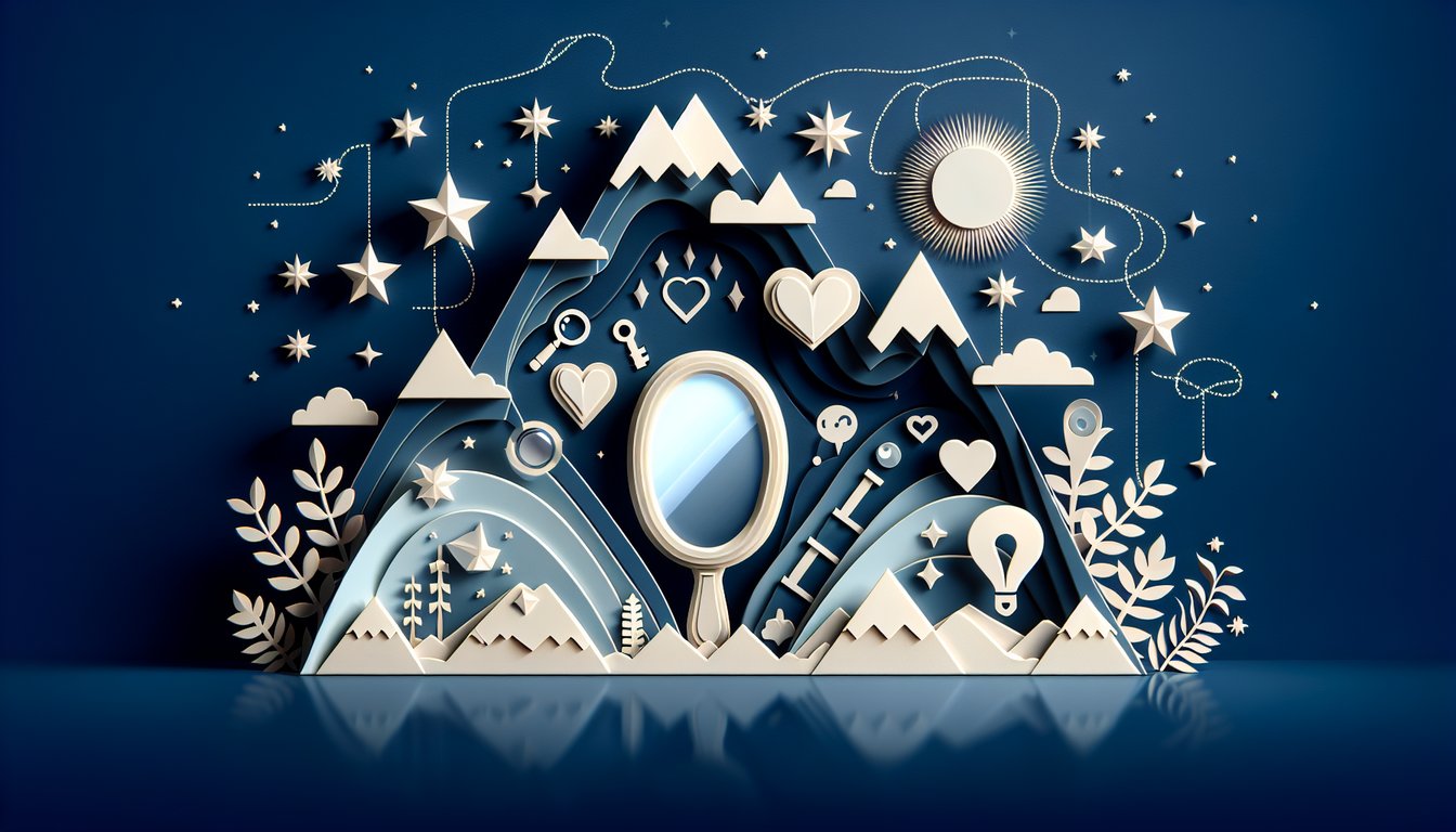 Paper art illustration layered shapes bold text for free personality quiz on envy traits over dark blue background