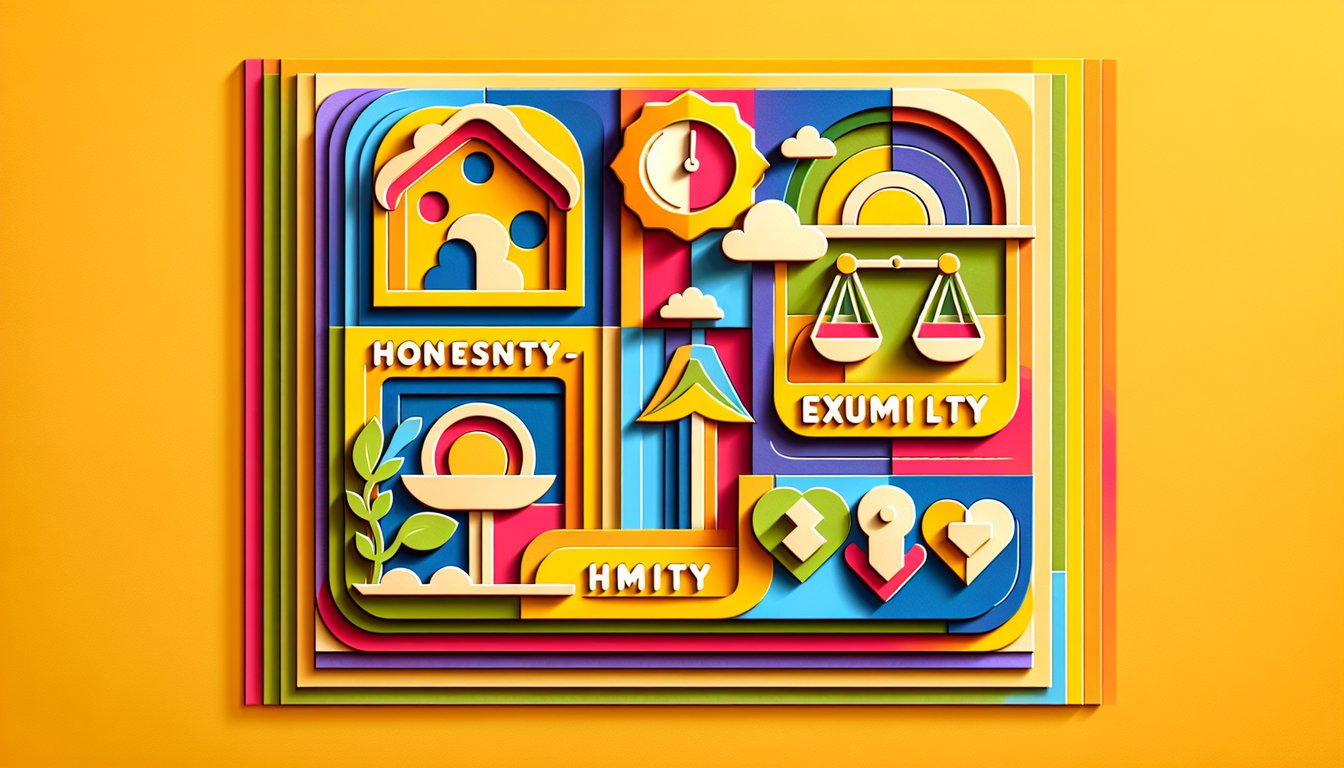 Paper art icons and letters spelling HEXACO arranged with shapes on golden yellow background for personality quiz