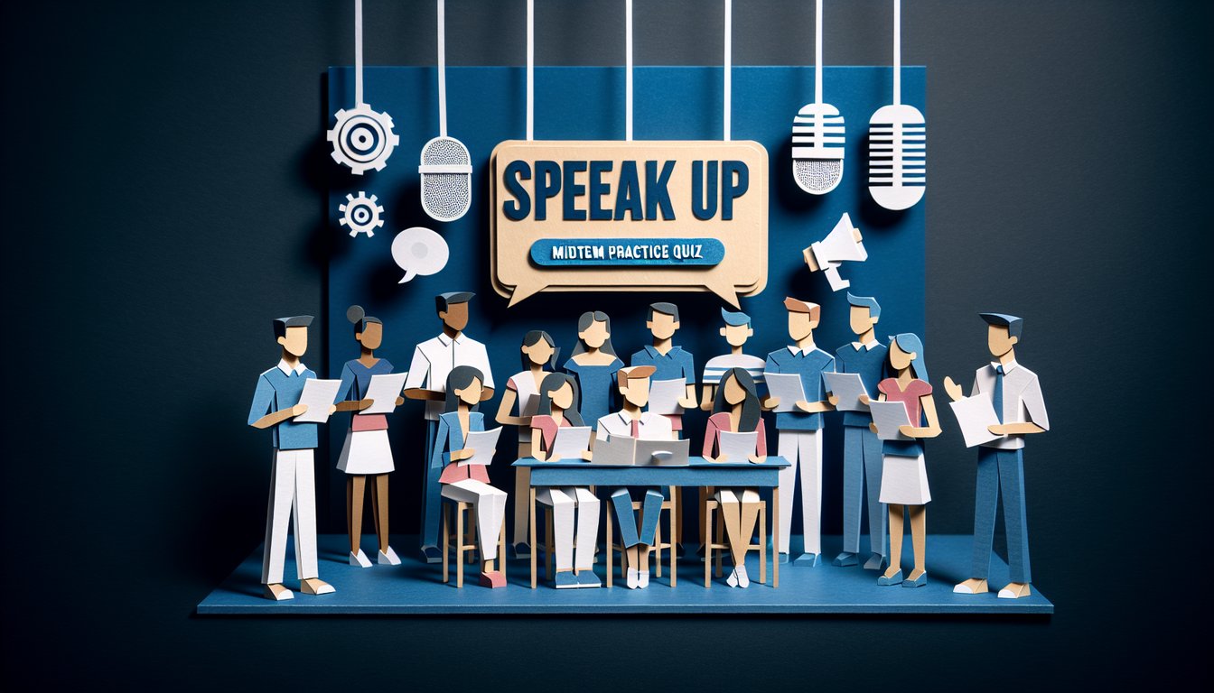 Colorful paper art promoting Speak Up Midterm practice quiz for college students.