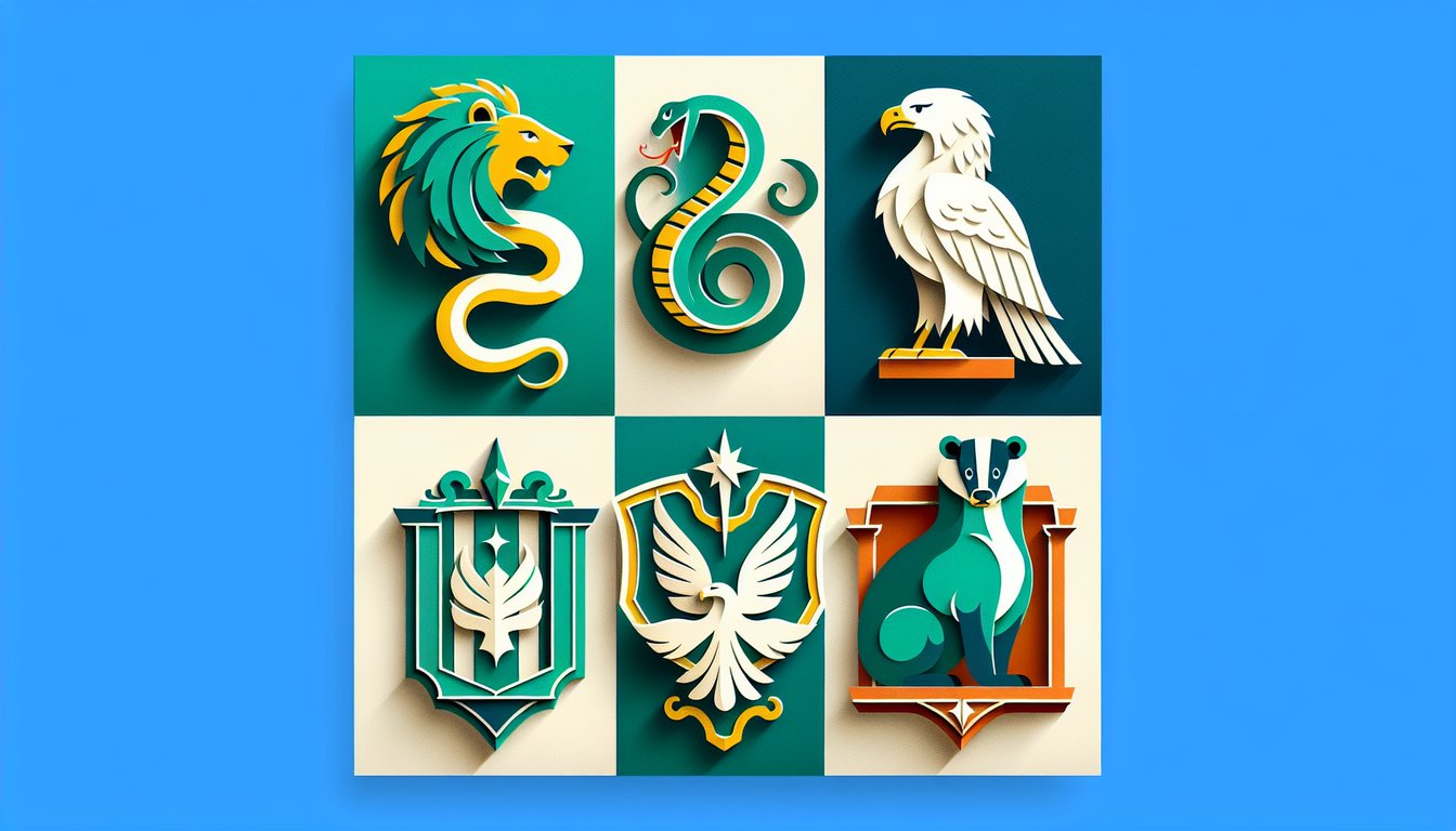 paper art illustration of Hogwarts castle crest floating books magic wand and personality quiz text on teal background