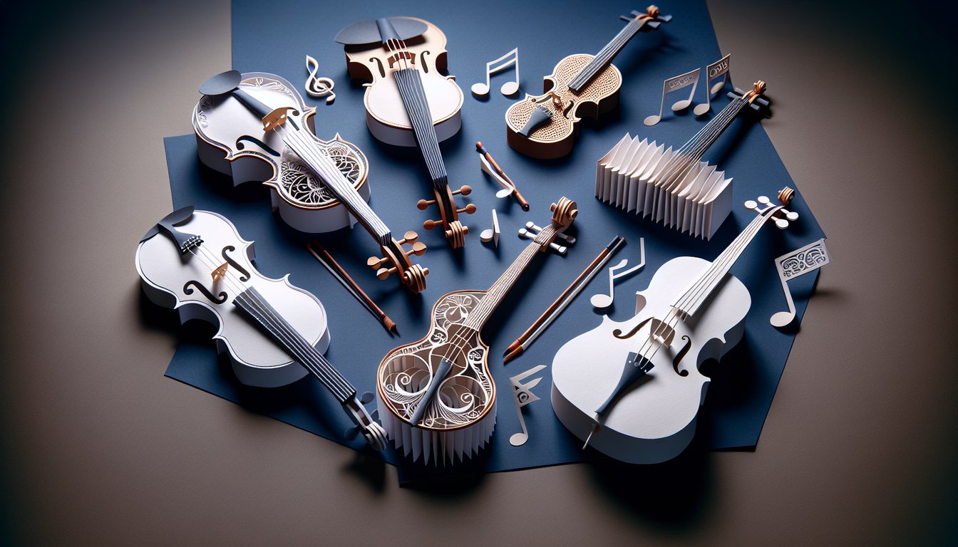 3D voxel art depicting a String Instrument Class with various string instruments and students.