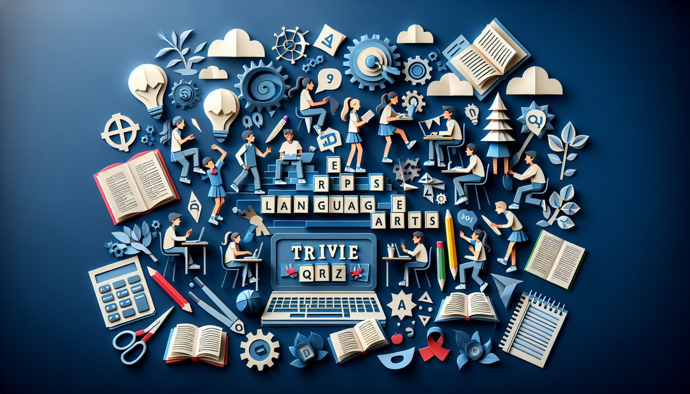 Paper art promoting 8th Grade Spelling Showdown, a trivia quiz for language arts mastery.