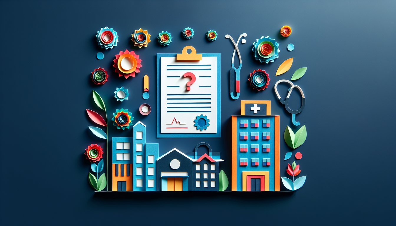 Colorful paper art promoting a quiz on Healthcare Facility Management Certification