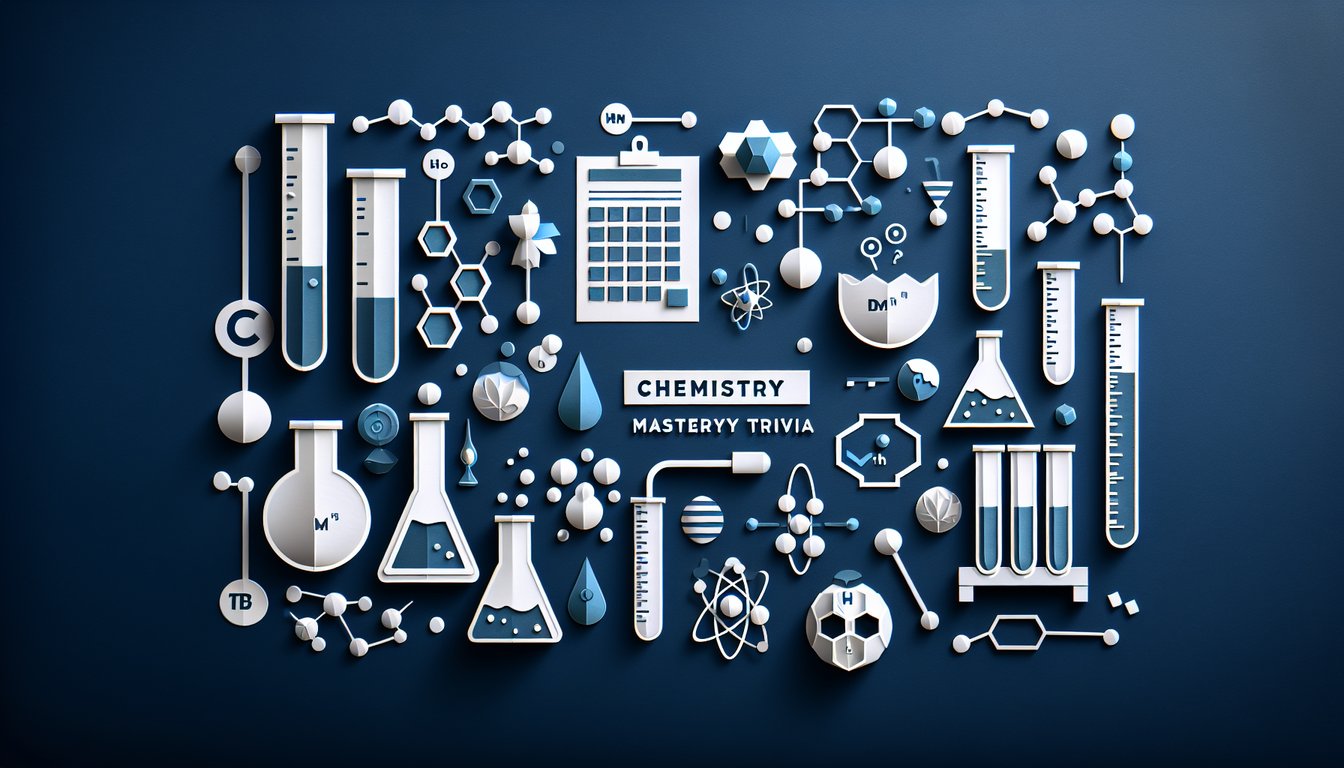 Colorful paper art promoting Chemistry Midterm Mastery trivia quiz for high school students.