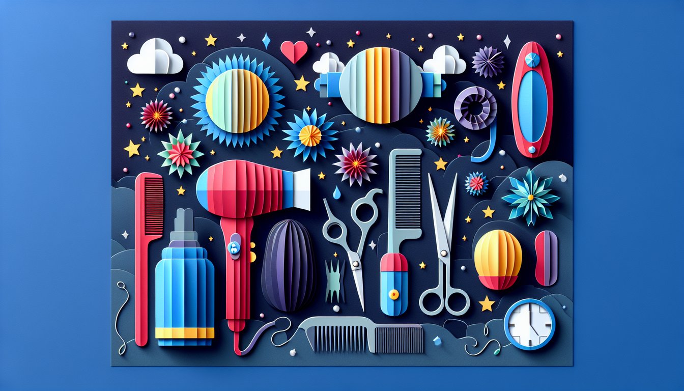 Colorful paper art depicting scissors, comb, hairdryer for Hairdressing Knowledge Quiz.