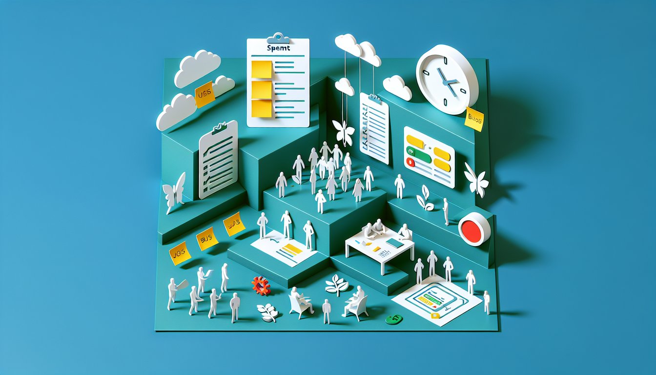 Paper art illustration of QA agile testing quiz challenge elements sharpening software testing skills on teal background