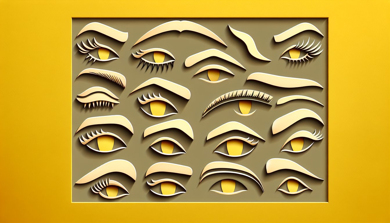 Paper art illustration with stylized eyebrows and face contours on golden yellow background for eyebrow shape quiz.