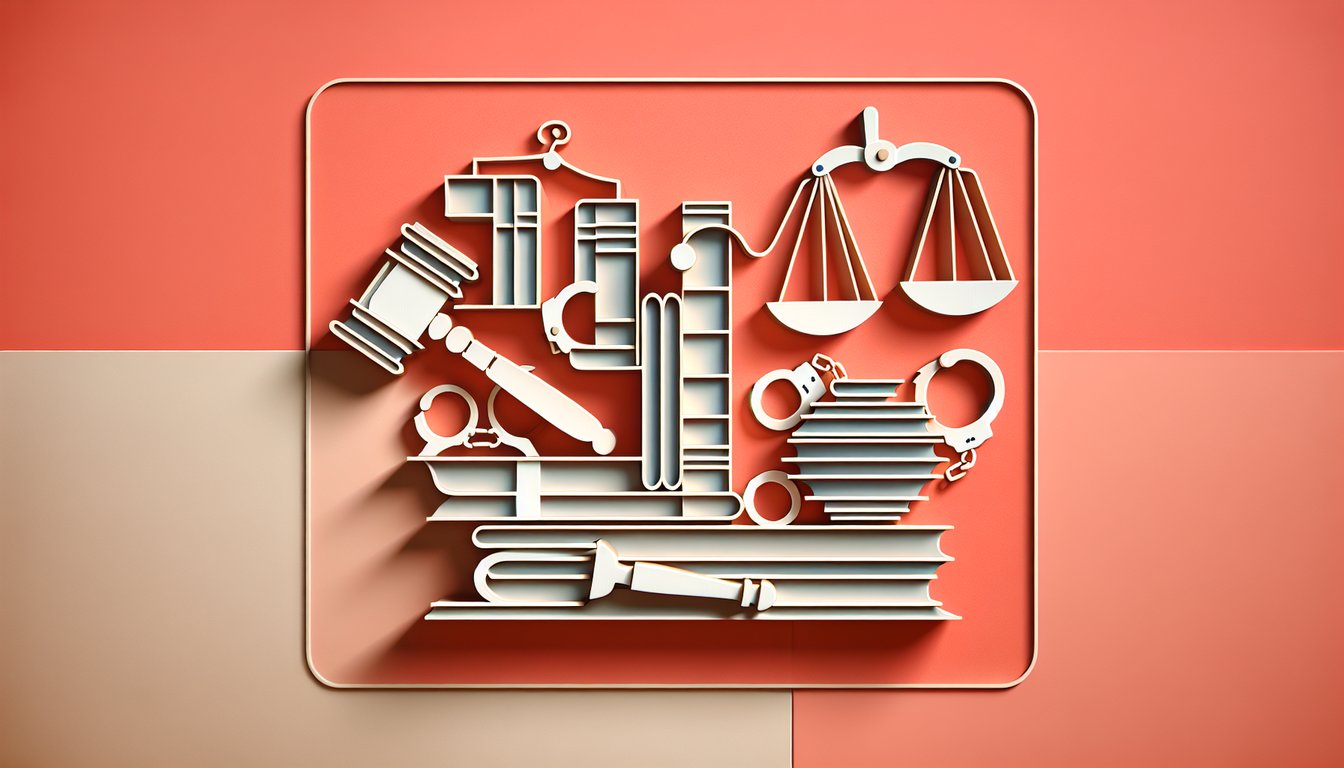 Paper-cut art scales of justice gavel and law books on coral background with quiz title testing criminal justice knowledge
