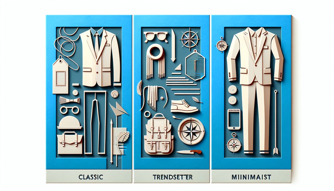 Paper art mens fashion on sky blue background blazer hat boots compass style quiz classic trendsetter minimalist explorer