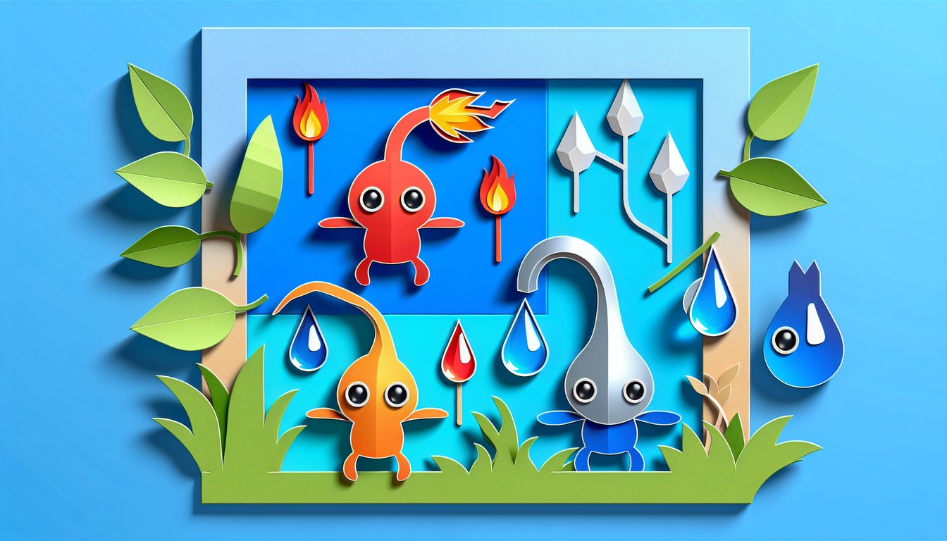 Paper art illustration for Pikmin quiz showcasing fire, water, electric, poison Pikmin on sky blue background.