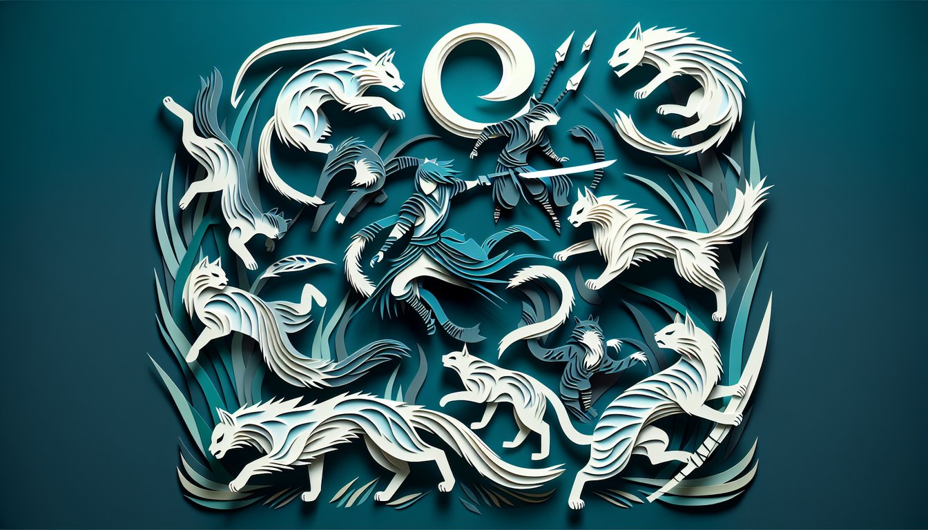 Paper art warrior cat on teal background promoting evil warrior cats personality quiz