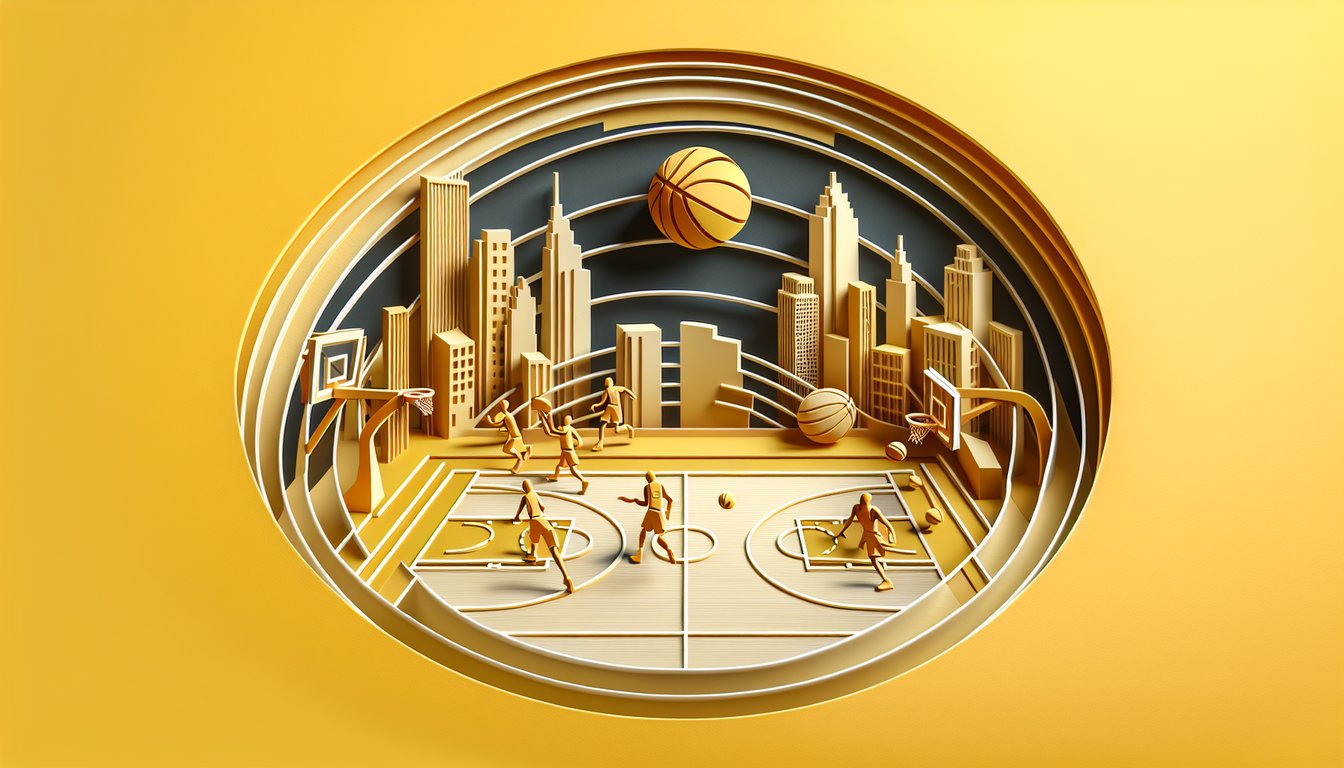 Paper art basketball hoop and trivia icons on golden yellow background inviting quiz takers to test NBA history and hoops IQ