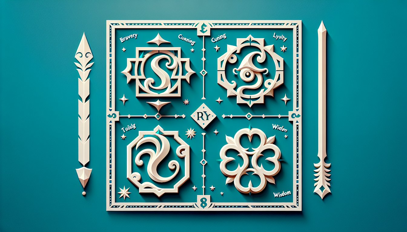 Paper art Hogwarts Houses quiz banner with Gryffindor Slytherin Hufflepuff Ravenclaw icons on teal background