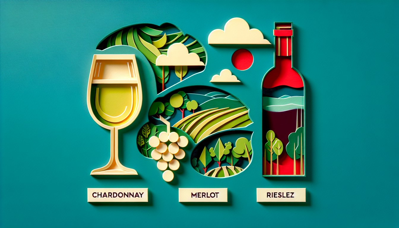 Paper art bottles and grapes for wine personality quiz with Chardonnay Merlot Riesling and bold Shiraz on teal background